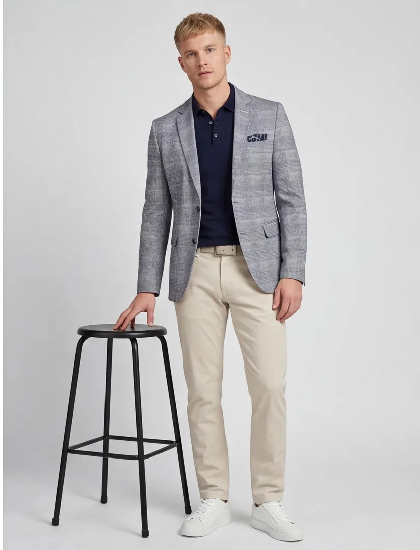 Portofino colbert blauw wit geruit print