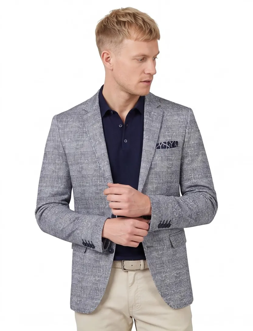 Portofino colbert blauw wit geruit print