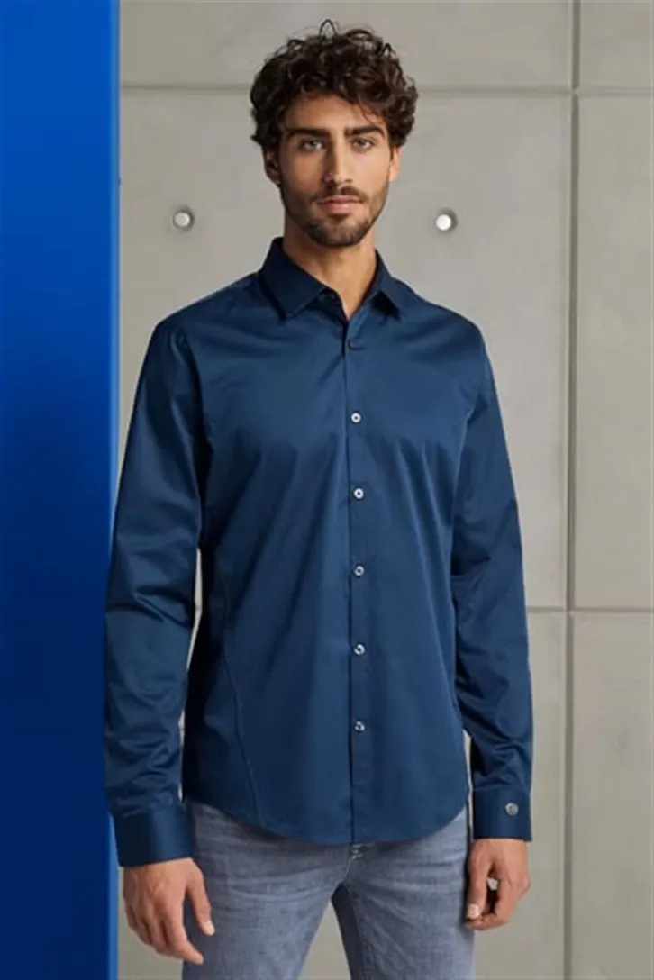 Cast Iron overhemd donkerblauw effen katoen slim fit