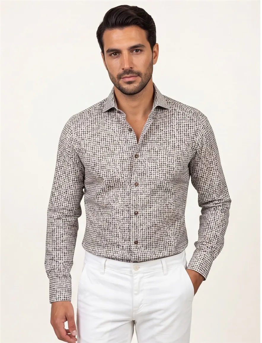 Tailored Fit John Miller overhemd bruin motief