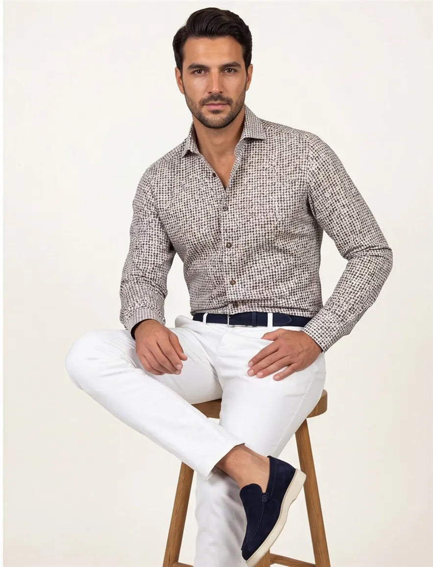 Tailored Fit John Miller overhemd bruin motief