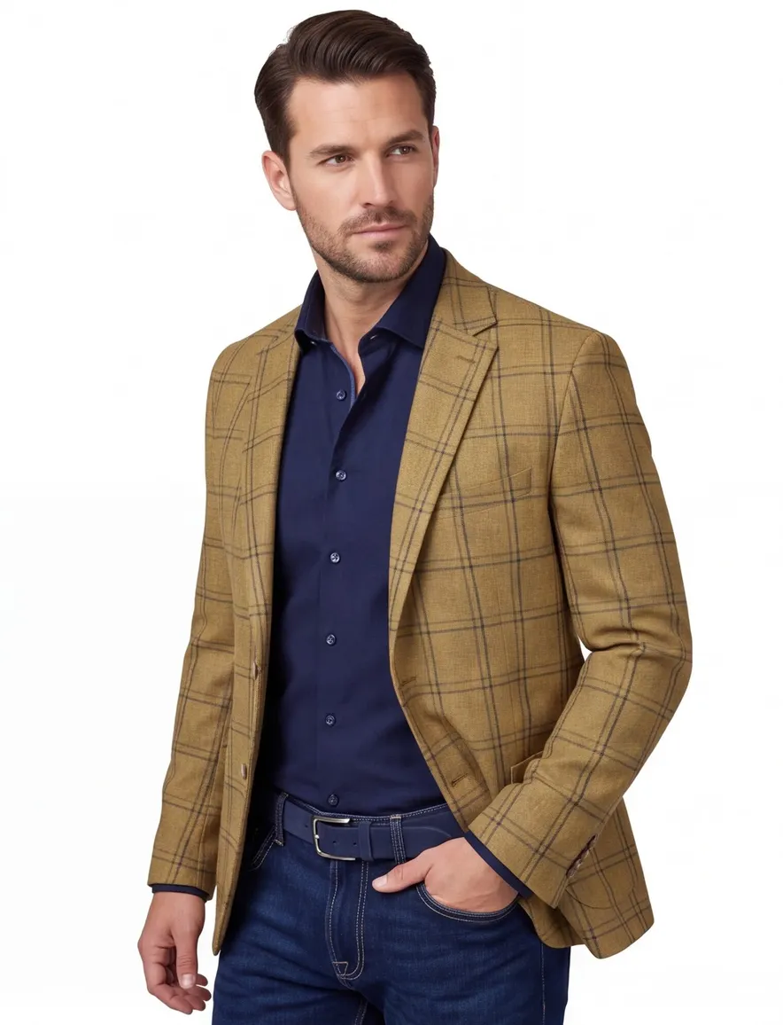 Dressler colbert geel geruit wol normale fit