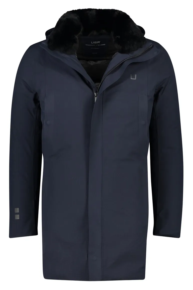 UBR winterjas donkerblauw effen rits normale fit afneembare capuchon