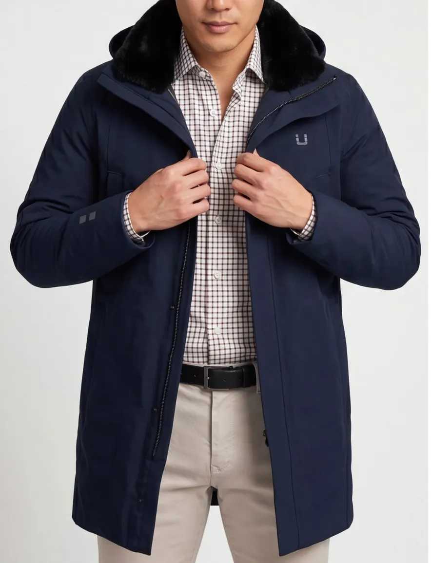 UBR winterjas donkerblauw effen rits normale fit afneembare capuchon