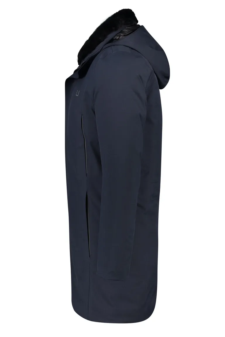 UBR winterjas donkerblauw effen rits normale fit afneembare capuchon