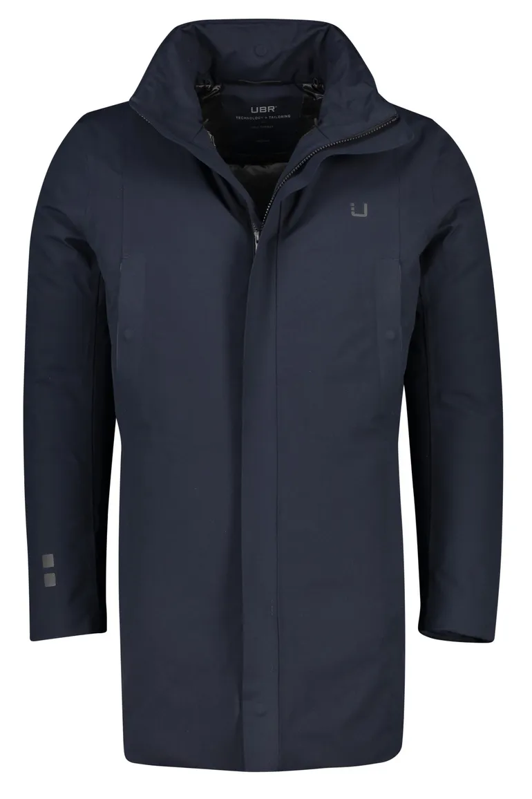 UBR winterjas donkerblauw effen rits normale fit afneembare capuchon