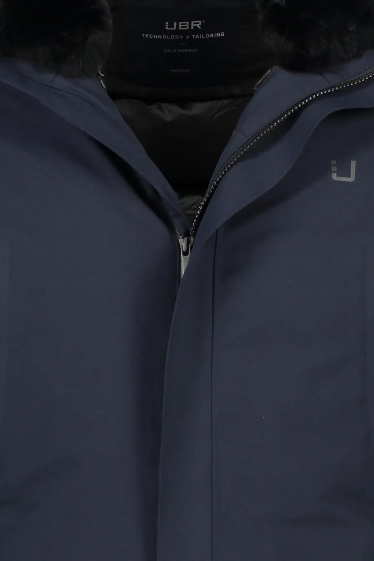 UBR winterjas donkerblauw effen rits normale fit afneembare capuchon