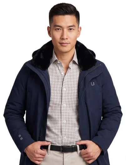 UBR UBR winterjas donkerblauw effen rits normale fit afneembare capuchon