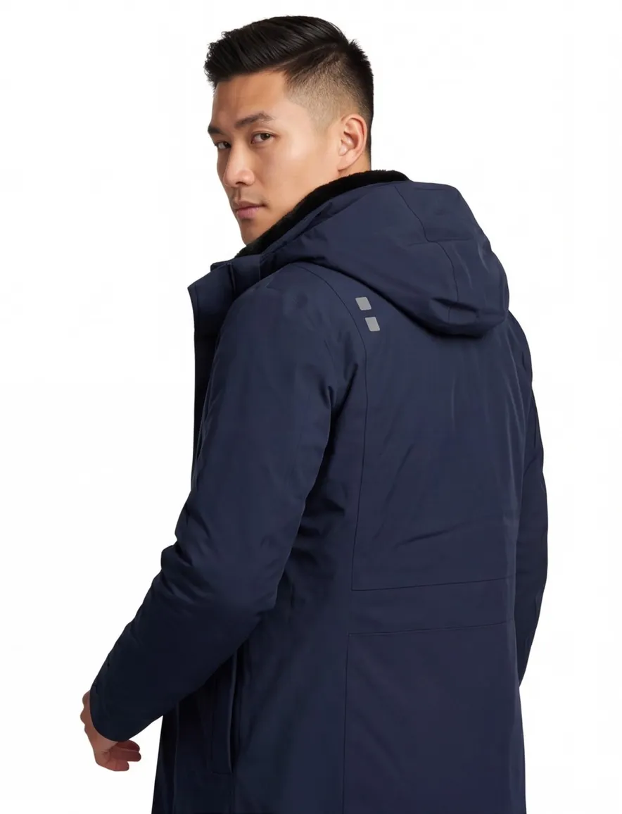 UBR winterjas donkerblauw effen rits normale fit afneembare capuchon