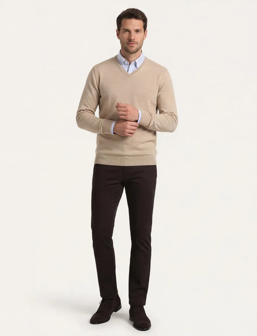 Casa Moda trui effen beige katoen wijde fit