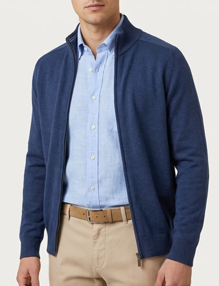 Casa Moda vest donkerblauw rits effen katoen opstaande kraag wijde fit
