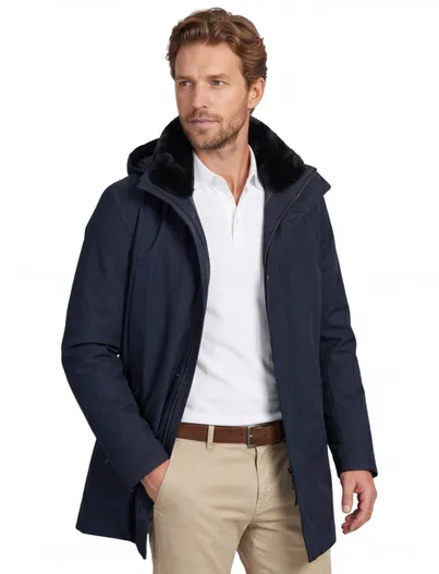 UBR UBR winterjas donkerblauw effen rits + knoop normale fit wol afneembare capuchon