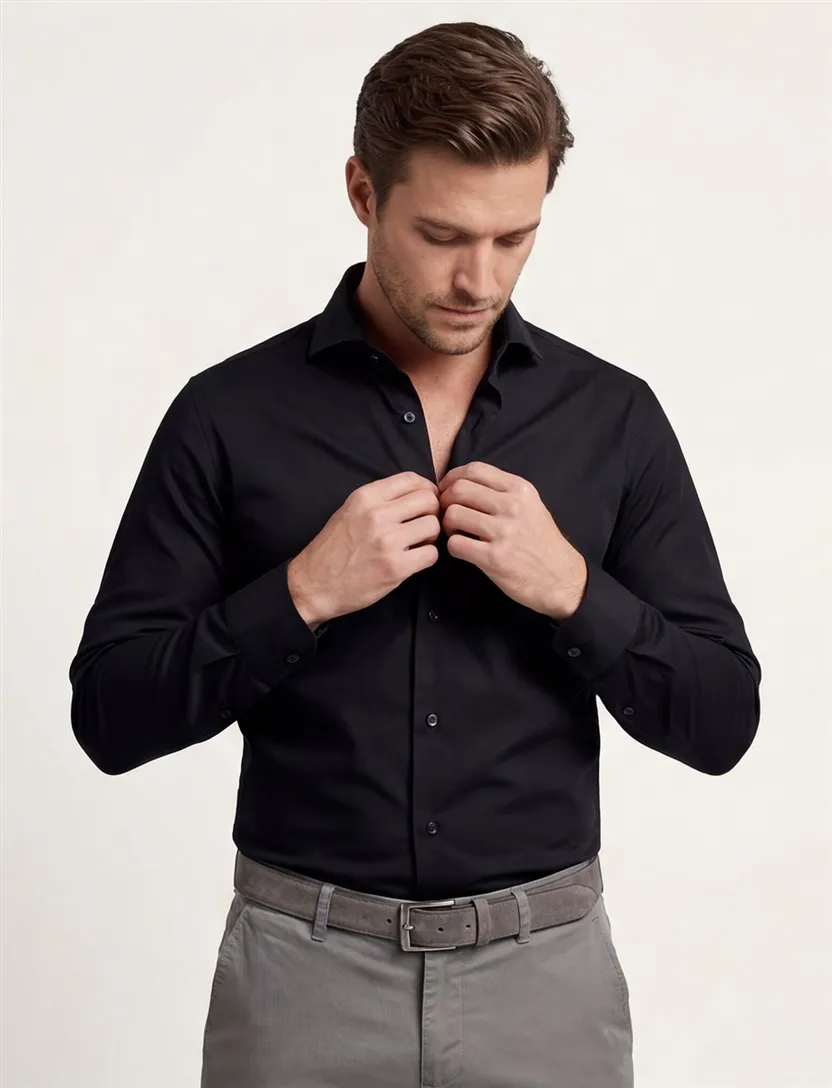 Ledub overhemd zwart Modern Fit met cutaway boord