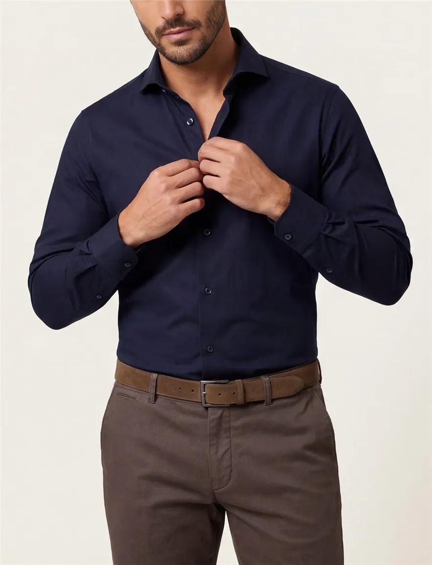 Overhemd Ledub stretch Slim Fit donkerblauw