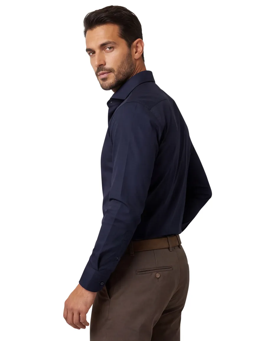 Overhemd Ledub stretch Slim Fit donkerblauw