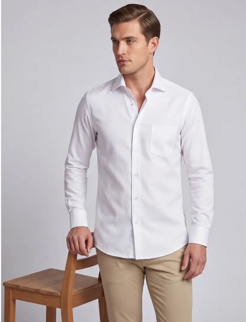 Modern Fit Ledub overhemd wit met borstzak