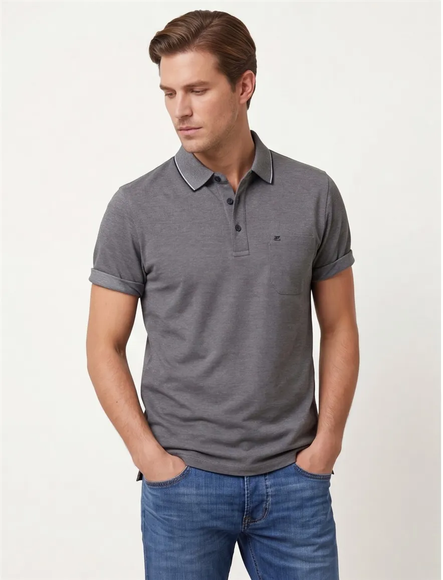 Casa Moda poloshirt korte mouw effen grijs wijde fit