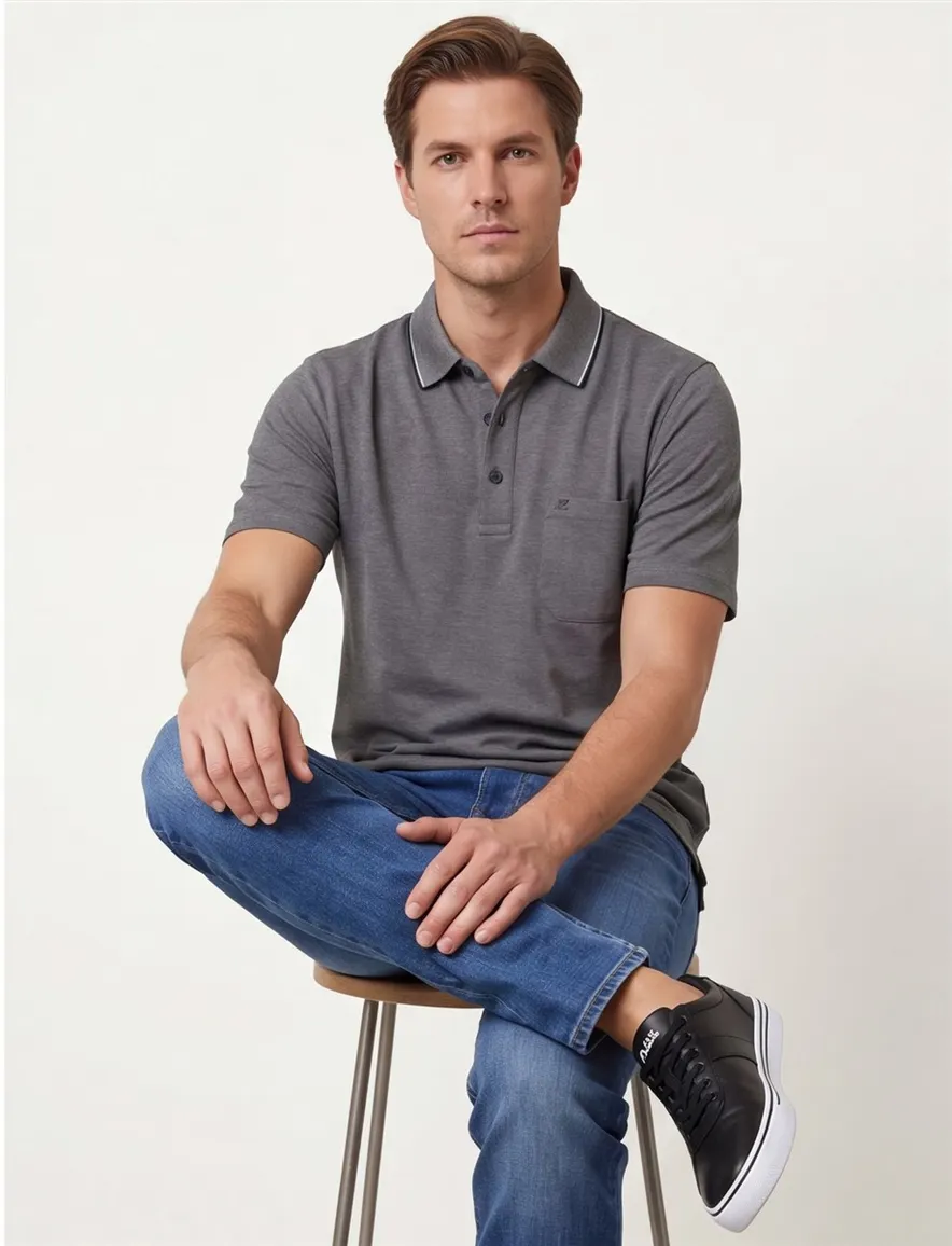 Casa Moda poloshirt korte mouw effen grijs wijde fit