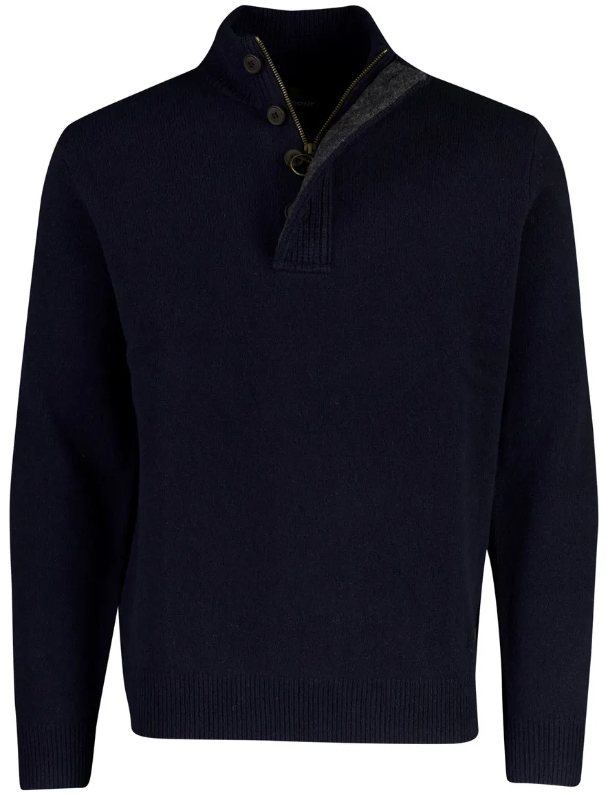 Barbour half zip trui donkerblauw met knopen en elleboogstukken