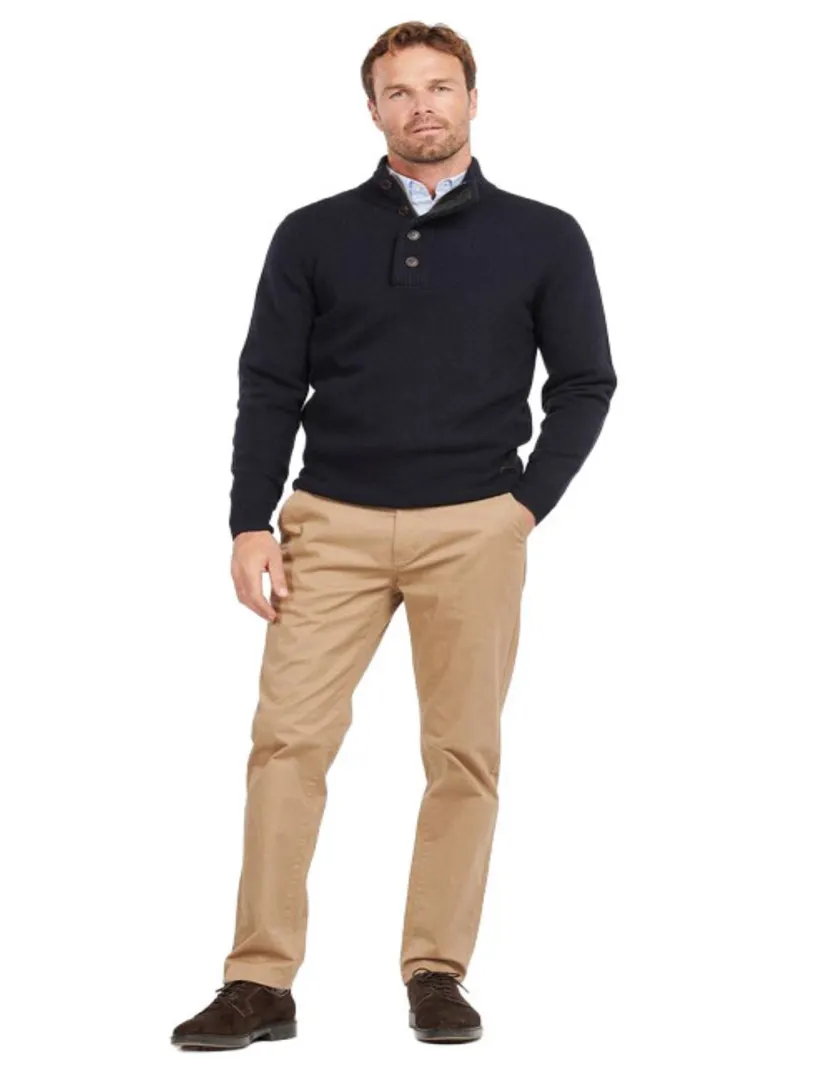 Barbour half zip trui donkerblauw met knopen en elleboogstukken