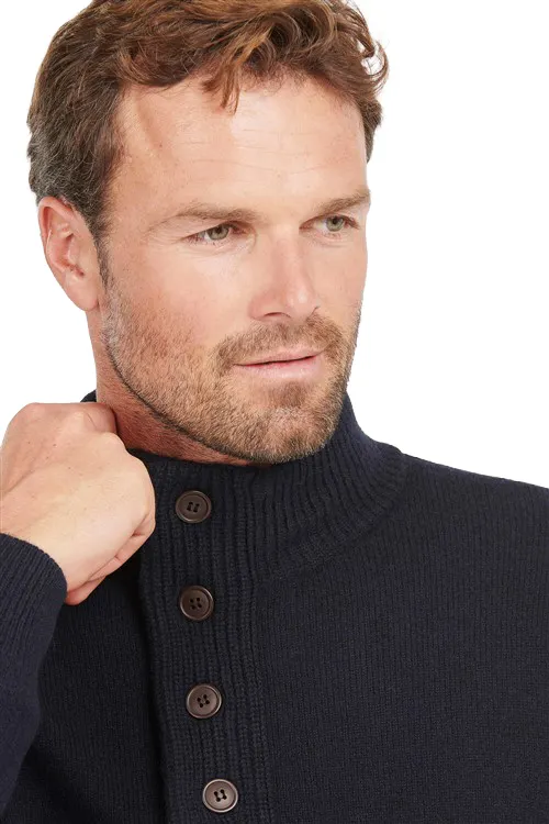 Barbour half zip trui donkerblauw met knopen en elleboogstukken