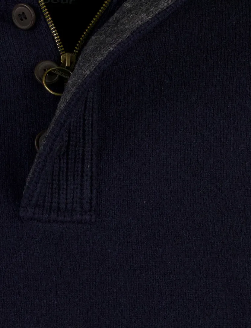 Barbour half zip trui donkerblauw met knopen en elleboogstukken