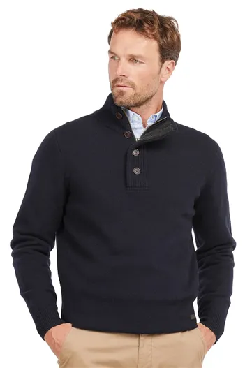 Barbour Barbour half zip trui donkerblauw met knopen en elleboogstukken