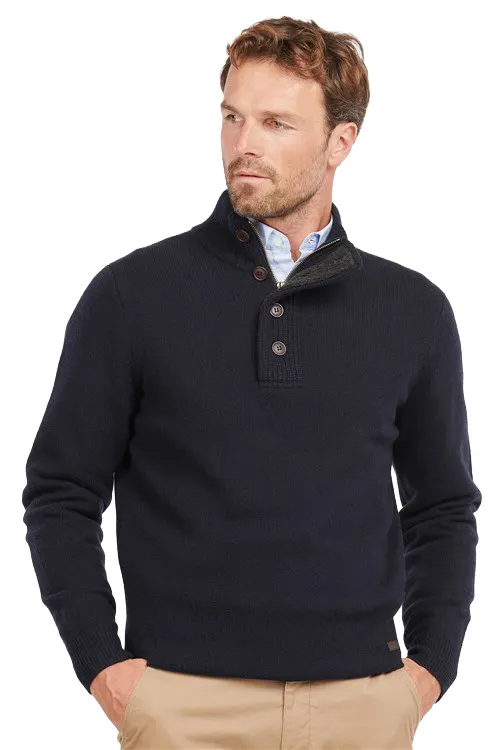 Barbour half zip trui donkerblauw met knopen en elleboogstukken