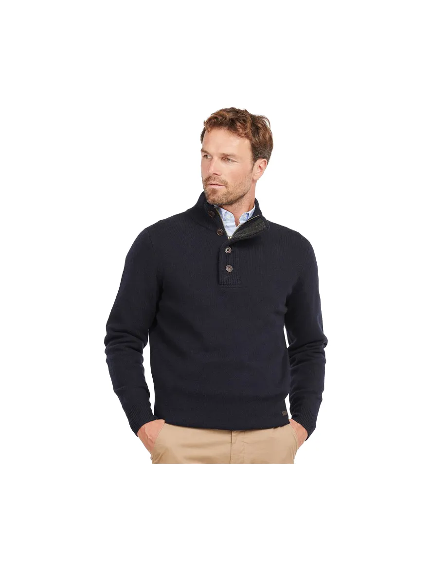 Barbour half zip trui donkerblauw met knopen en elleboogstukken