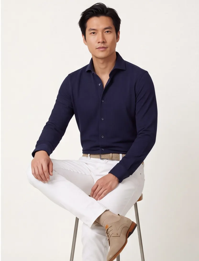 Donkerblauw knitted overhemd Profuomo slim fit
