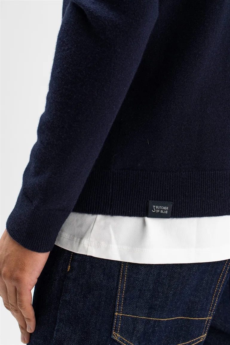 Butcher of Blue trui opstaande kraag donkerblauw effen wol