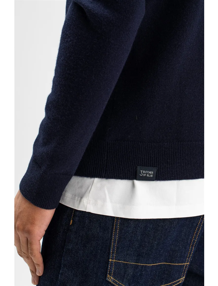 Butcher of Blue trui opstaande kraag donkerblauw effen wol