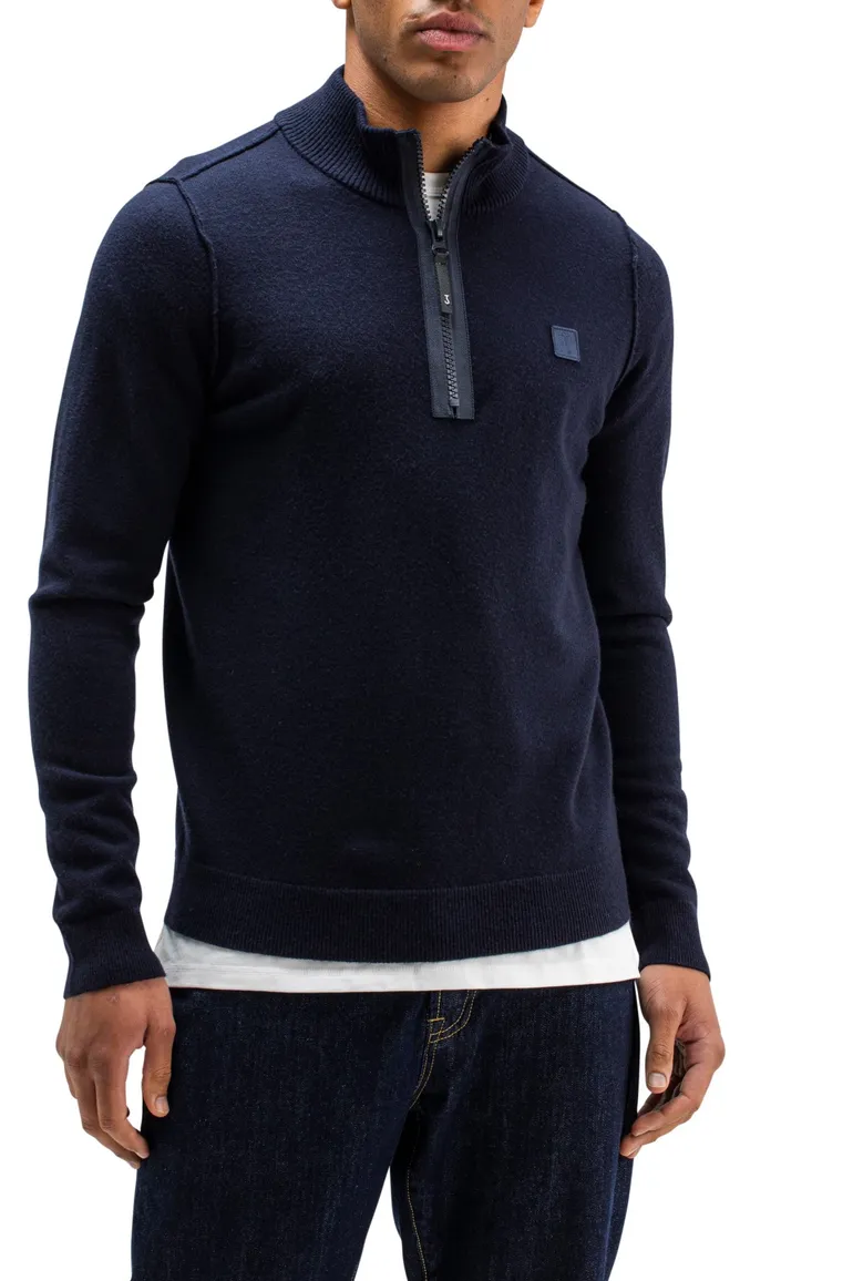 Butcher of Blue trui opstaande kraag donkerblauw effen wol