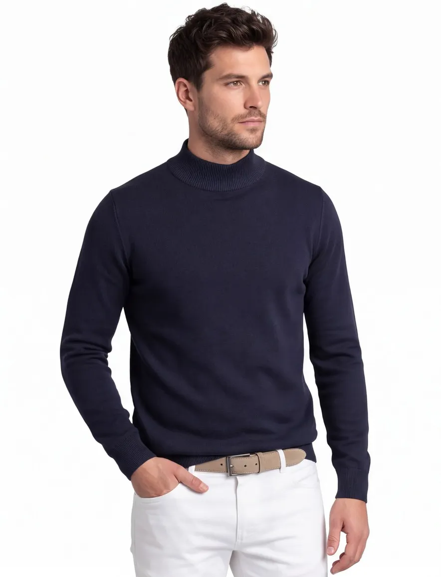 Butcher of Blue trui opstaande kraag donkerblauw effen wol