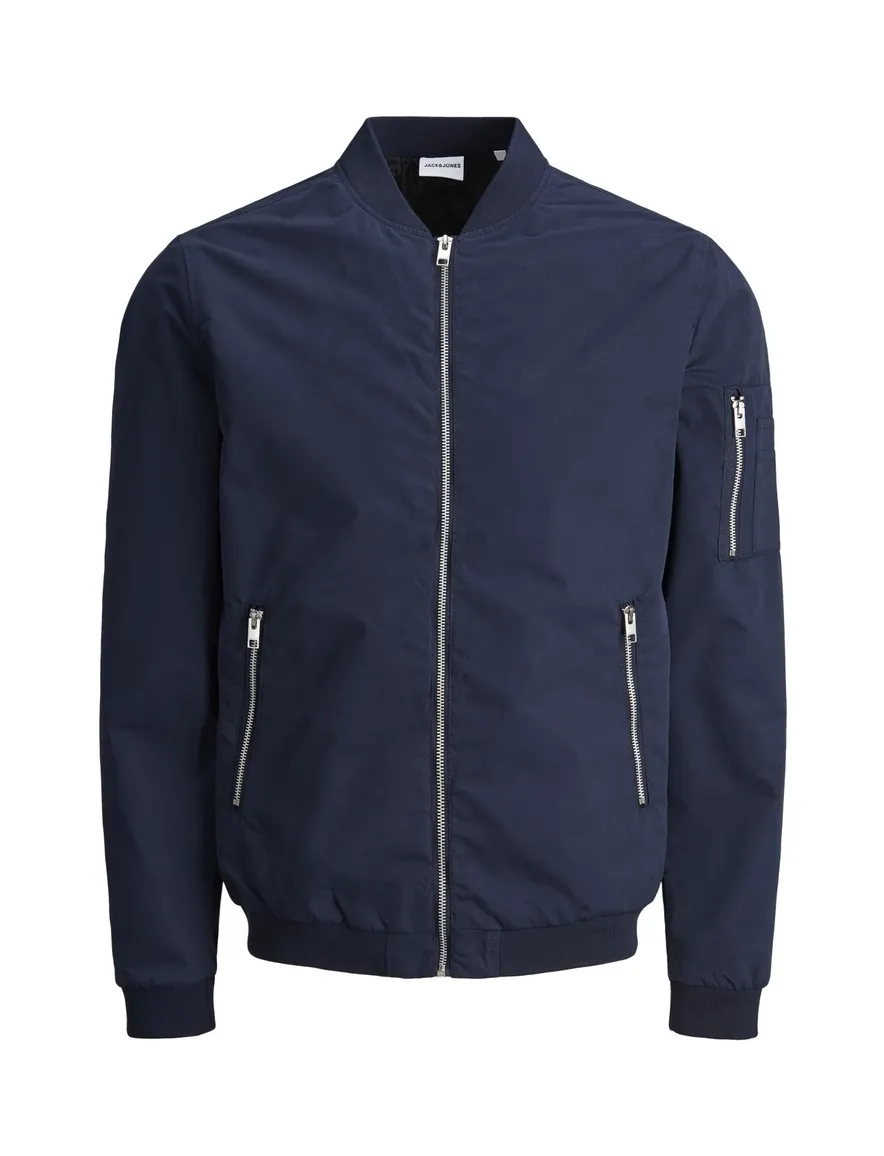 Donkerblauwe effen tussenjas met rits en wijde fit van Jack & Jones