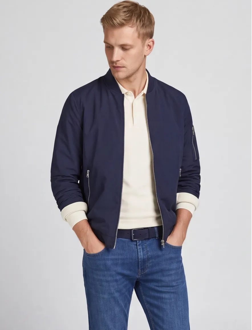 Donkerblauwe effen tussenjas met rits en wijde fit van Jack & Jones