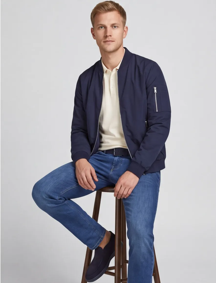 Donkerblauwe effen tussenjas met rits en wijde fit van Jack & Jones