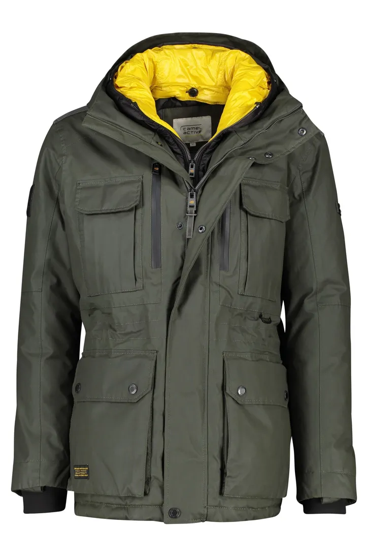 Camel Active winterjas groen effen rits + knoop wijde fit afneembare capuchon