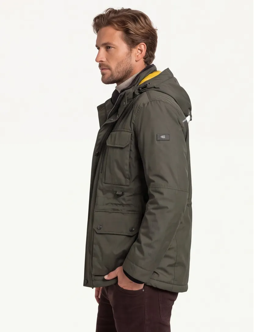 Camel Active winterjas groen effen rits + knoop wijde fit afneembare capuchon