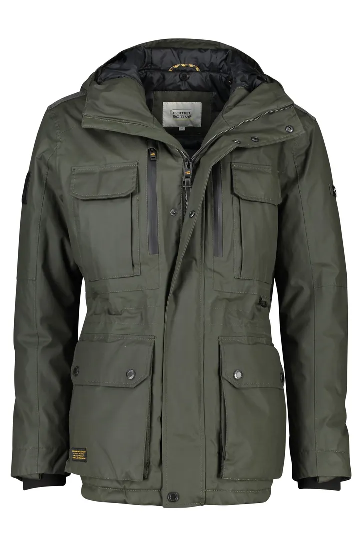 Camel Active winterjas groen effen rits + knoop wijde fit afneembare capuchon