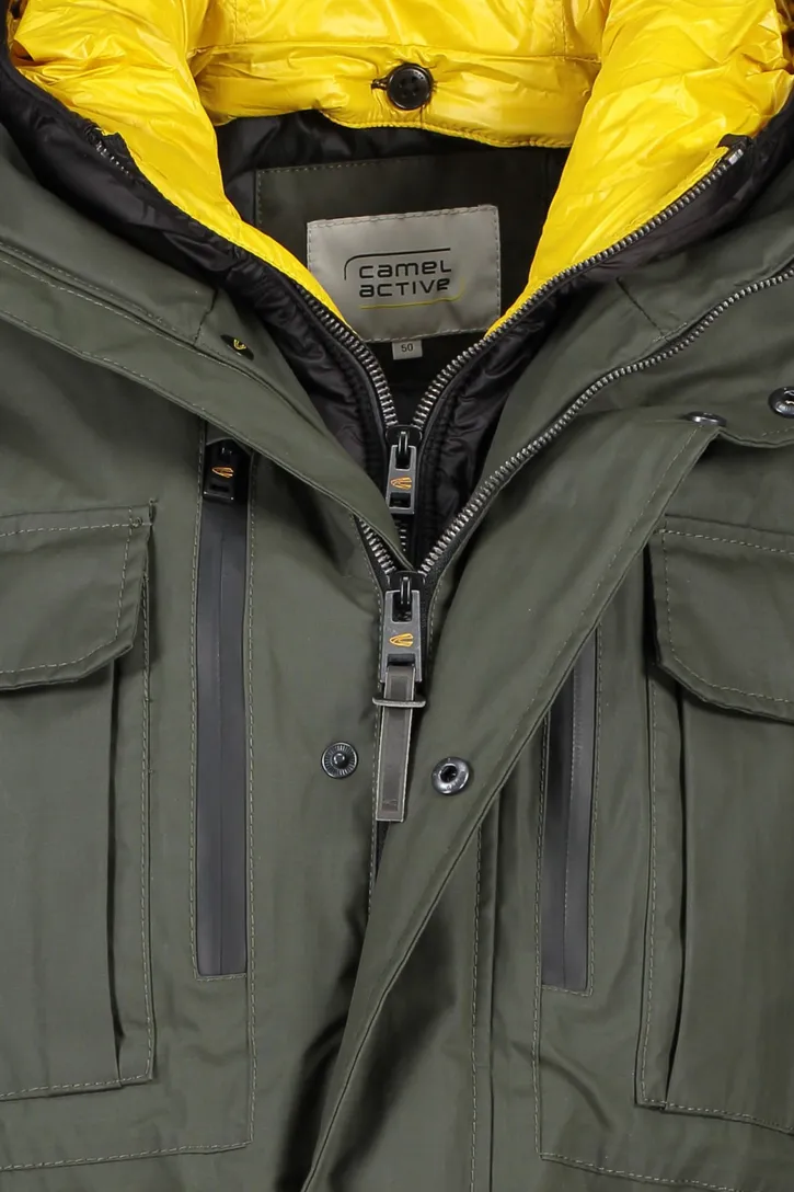 Camel Active winterjas groen effen rits + knoop wijde fit afneembare capuchon
