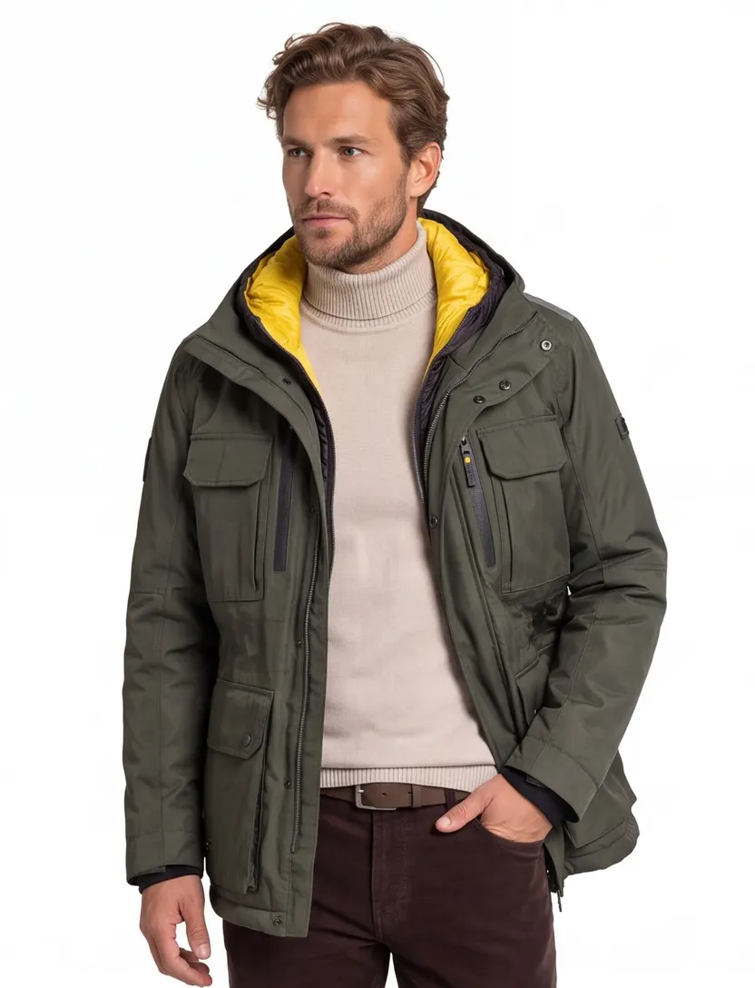 Camel Active winterjas groen effen rits + knoop wijde fit afneembare capuchon