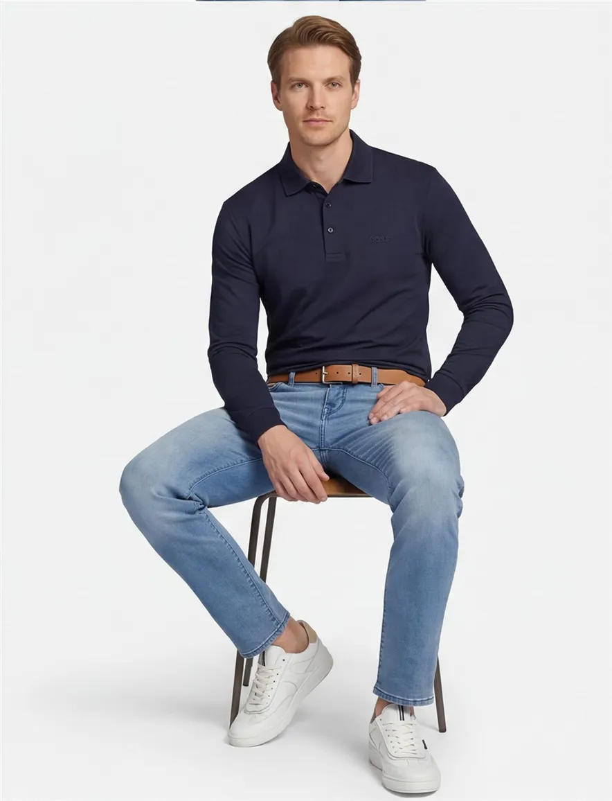 BOSS Black Pado polo lange mouw donkerblauw effen