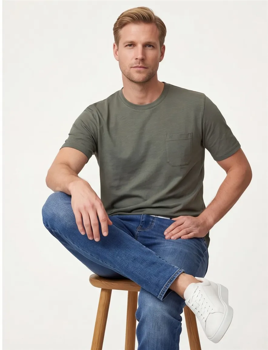 Casa Moda t-shirt groen borstzak wijde fit katoen