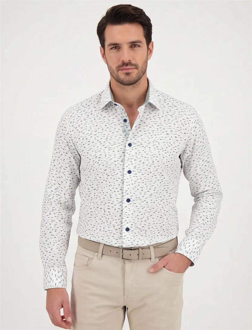 Ledub overhemd groene print Modern Fit stretch
