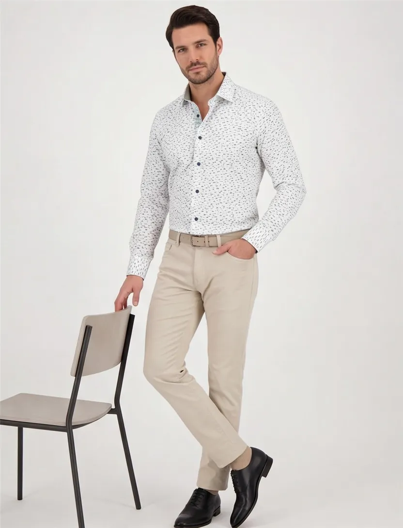 Ledub overhemd groene print Modern Fit stretch