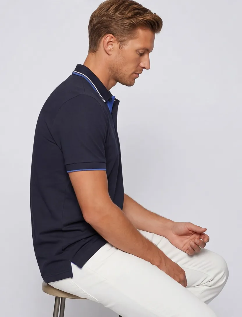 Hugo Boss polo blauw effen katoen normale fit 3-knoops