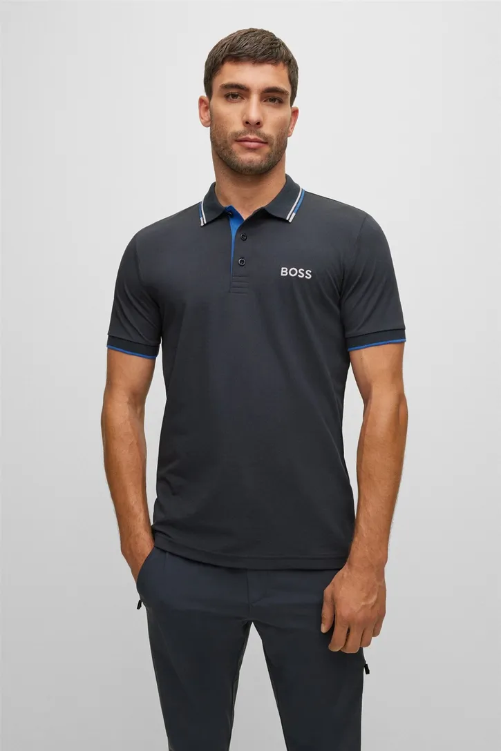 Hugo Boss polo blauw effen katoen normale fit 3-knoops