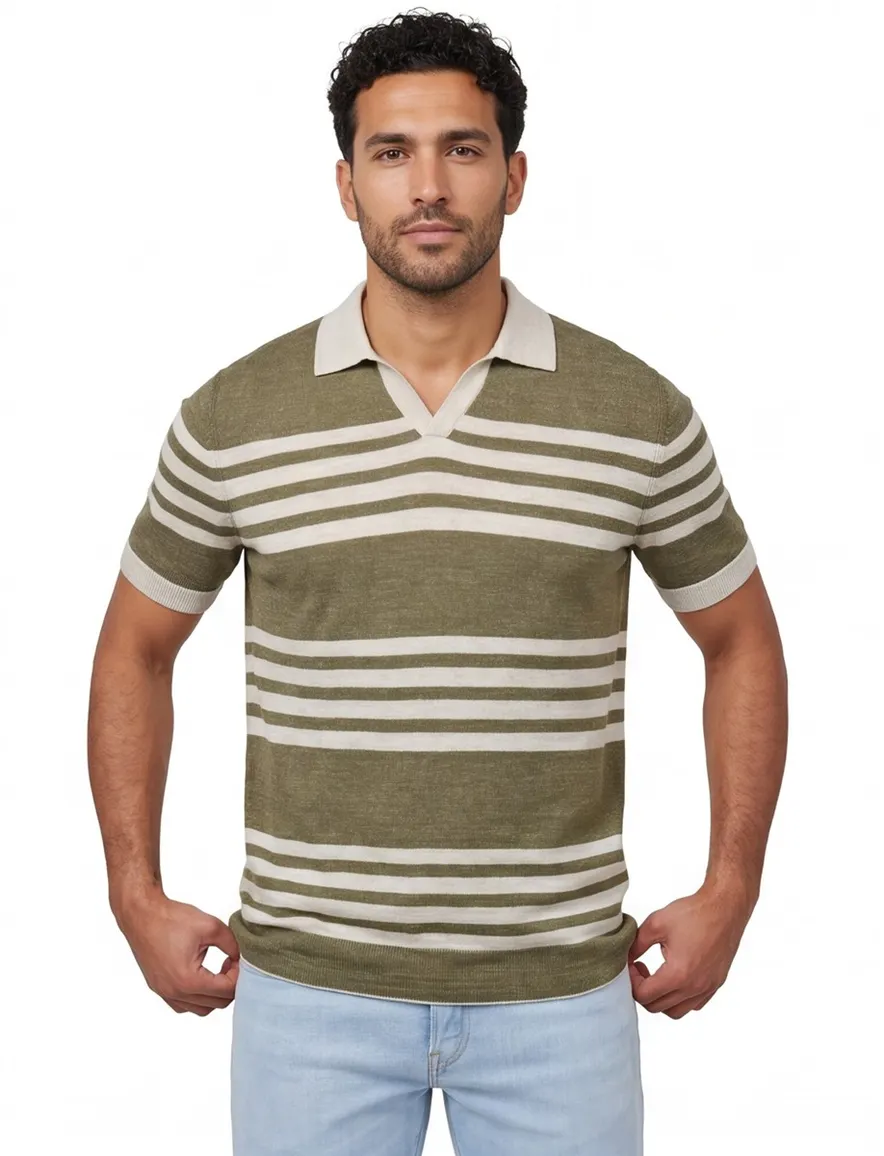 Cast Iron poloshirt strepen khaki