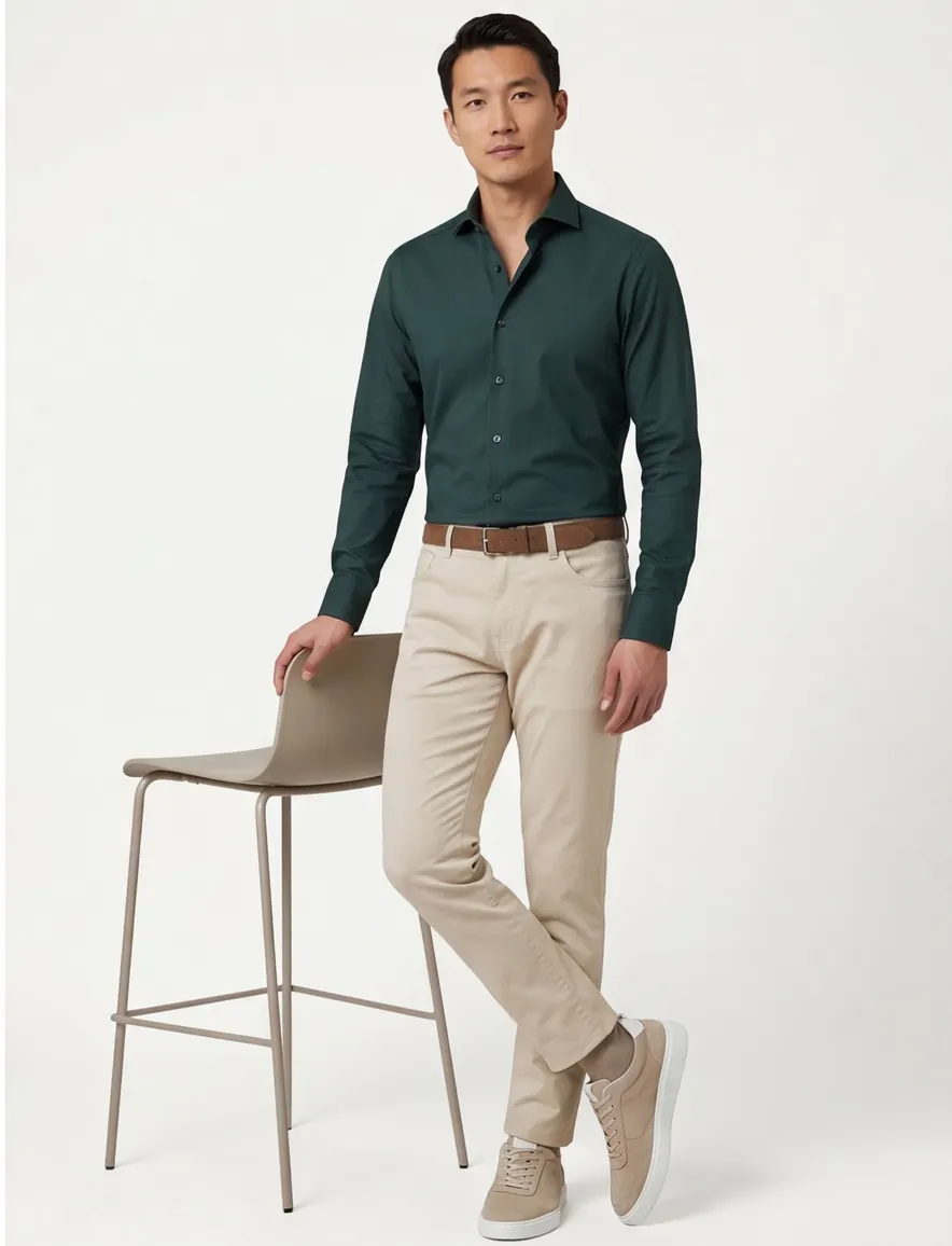 Ledub business overhemd Modern Fit donkergroen uni katoen-stretch